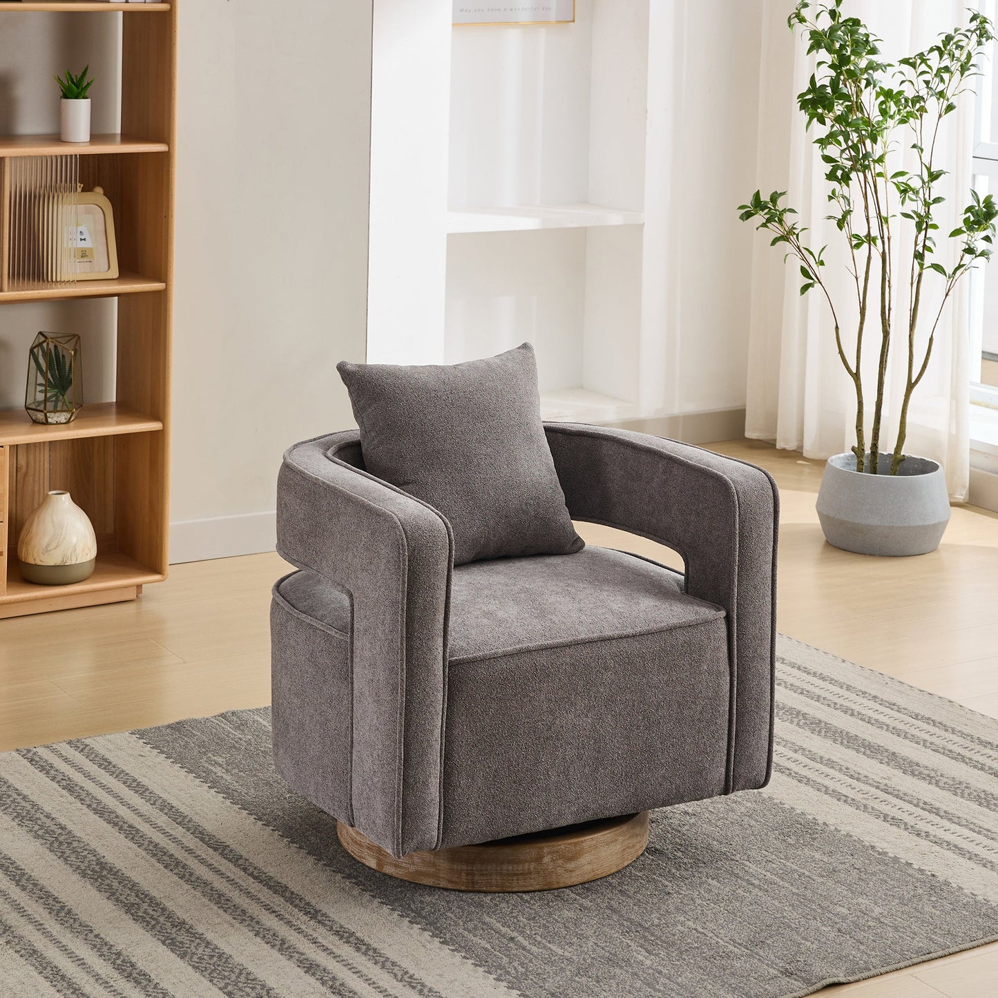 29.1"W Swivel Accent Open Back Chair Modern Comfy Sofa Chair With Weathered Base (Charcoal,Linen Blend)