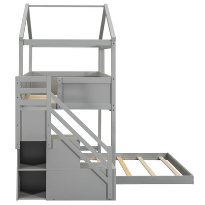 Twin over Full House Bunk Bed with Storage Staircase and Blackboard Gray