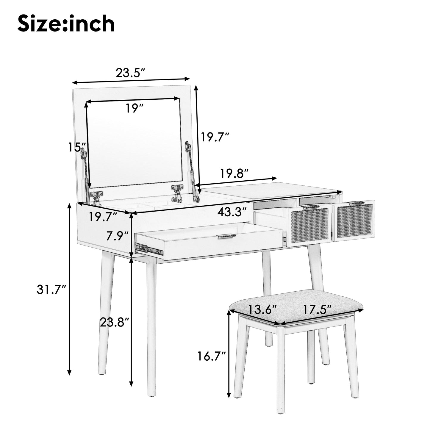 43.3 "Wooden vanity set with flip mirror and stool, three drawers and storage space for dressing table, brown