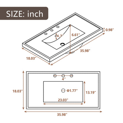 36" Single Bathroom Vanity Top with White Basin  3-Faucet Holes Ceramic  White