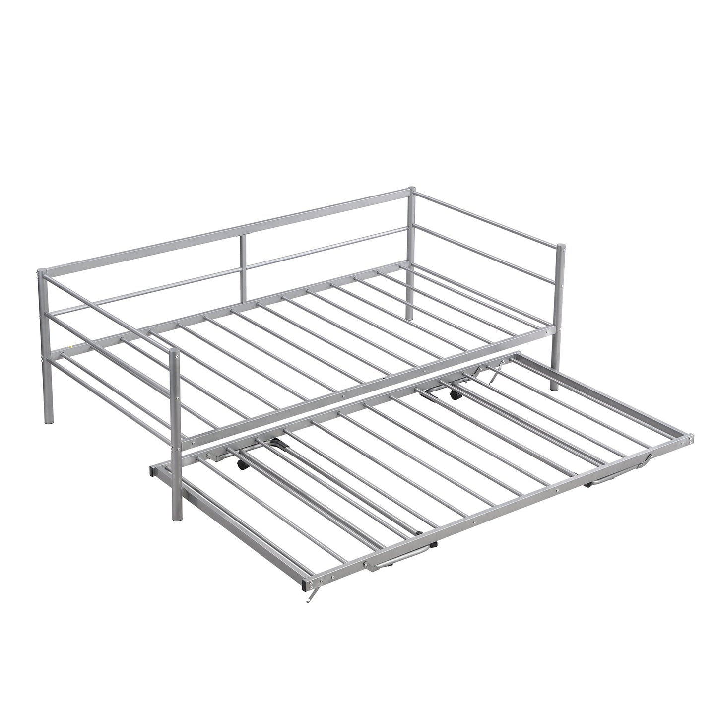 Twin Size Metal Daybed with Adjustable Trundle  Pop Up Trundle  Silver
