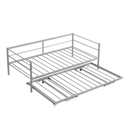 Twin Size Metal Daybed with Adjustable Trundle  Pop Up Trundle  Silver