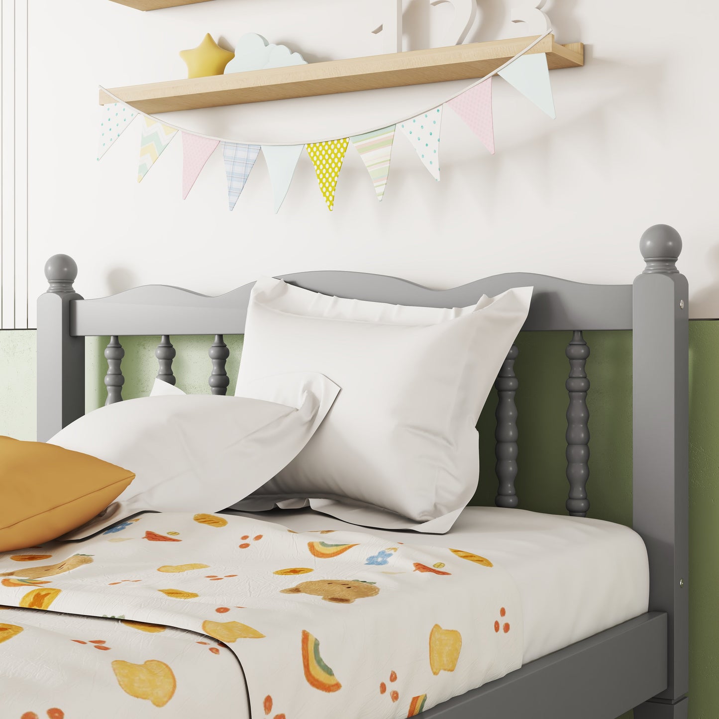 Twin Bed with Column-Decoration Headboard, with Bed Slats,Grey