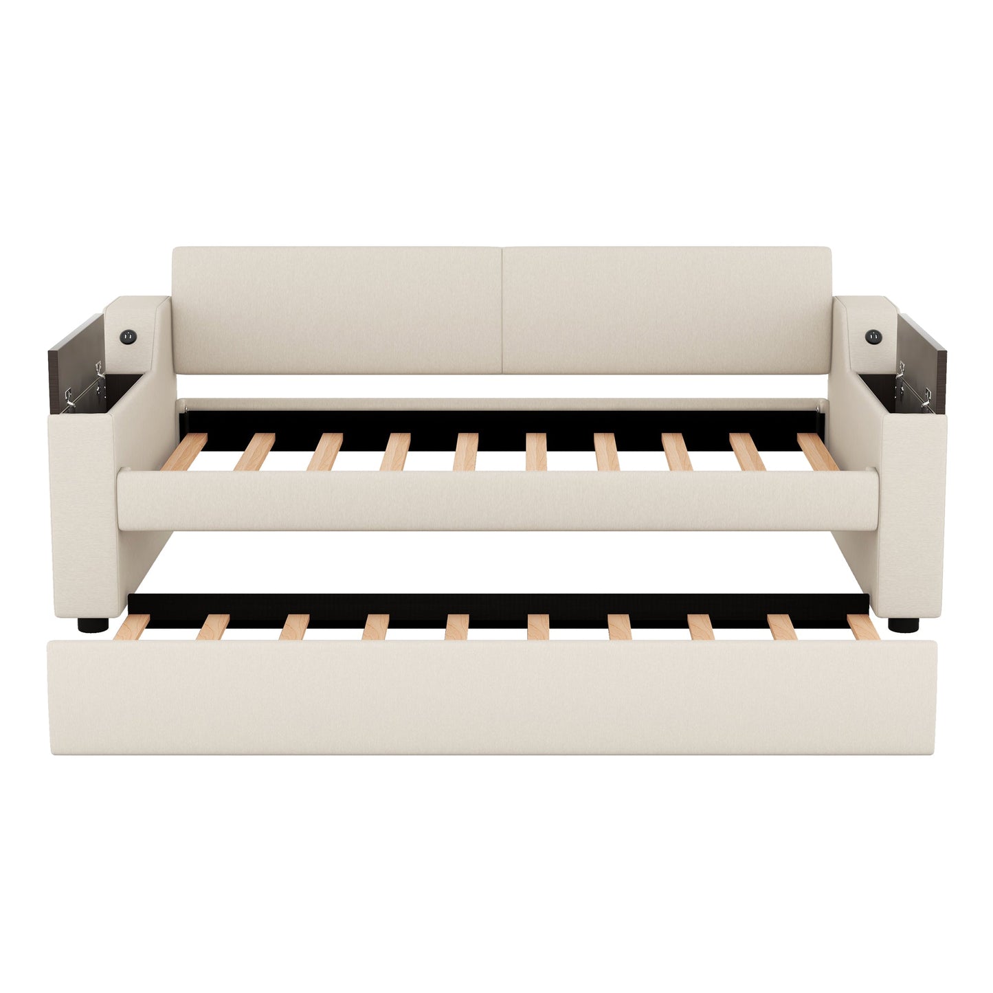 Twin Size Upholstery Daybed with Storage Arms  Trundle and USB Design Beige