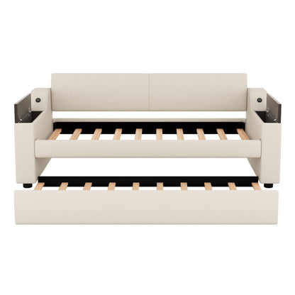 Twin Size Upholstery Daybed with Storage Arms  Trundle and USB Design Beige