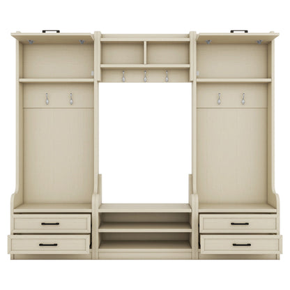 Four in one detachable hall tree with drawers and cabinets, 7 hooks, multifunctional corridor hangers, antique beige shoe stools