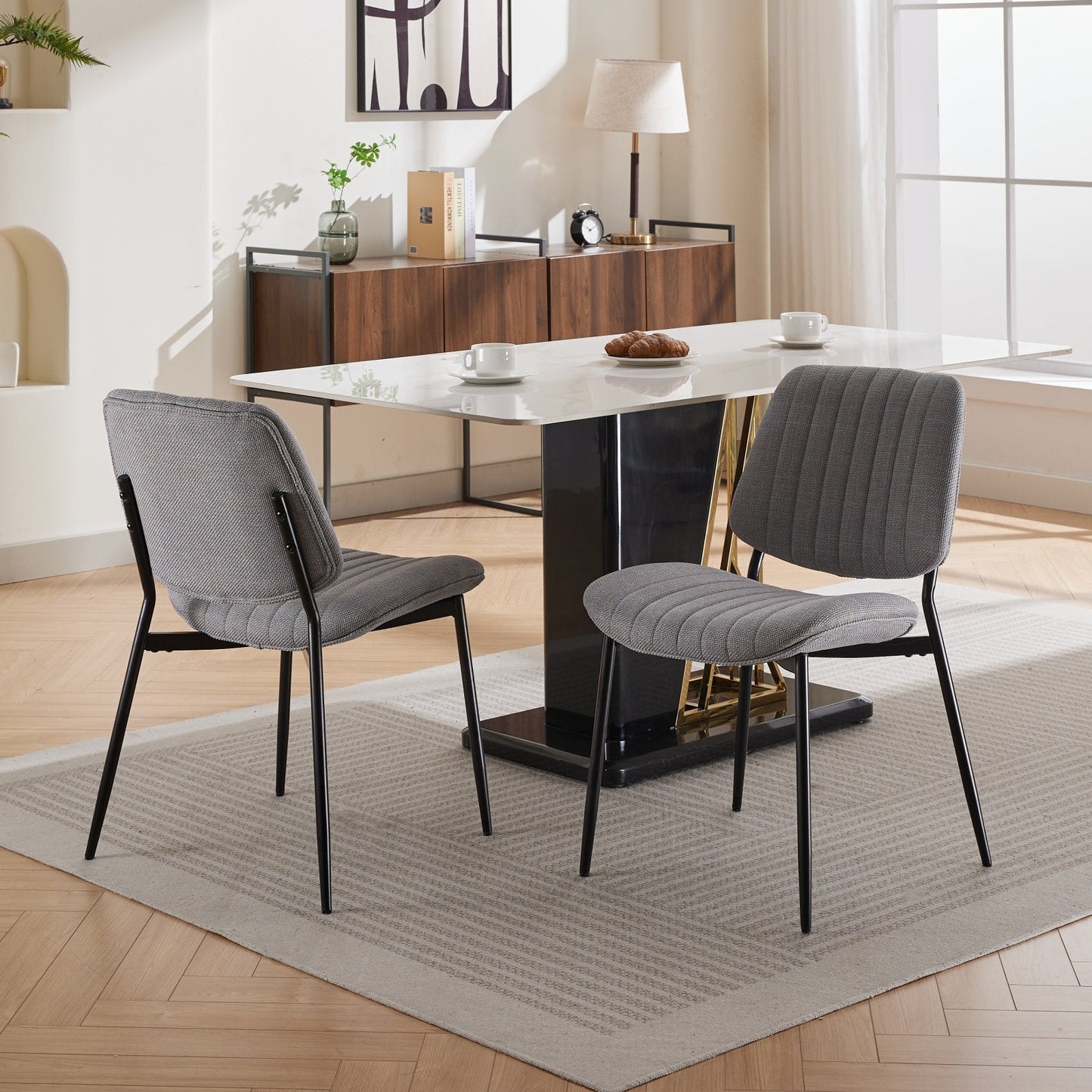 2-piece retro linen chair set with curved wooden backrest, cushioned seat, adjustable metal legs, (gray linen)