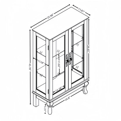 Dual door Curio cabinet with tempered glass doors, mirrored back panel and adjustable shelves, home lighting display cabinet Oak
