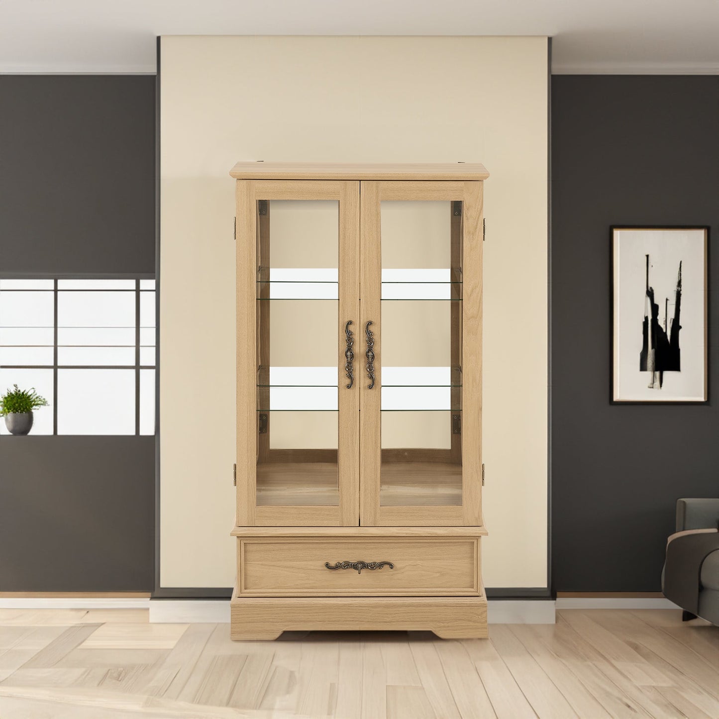 Light colored glass cabinet with adjustable glass frame, including cabinet light bulbs OAK with 2 doors and 1 drawer