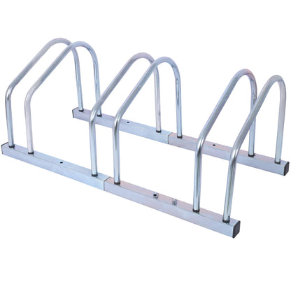 3 bicycle parking racks, 22-28 inch wheel supports, maximum tire width 2.15 inches, galvanized