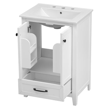 24" Bathroom Vanity with Sink, Bathroom Vanity Cabinet with One Drawer and Doors, Solid Wood and MDF, White