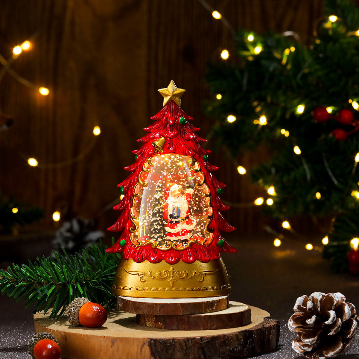 Christmas gifts, painted Christmas trees, glowing candles, oil lamps, children's small gifts, wind lamps, bar table decorations, ornaments