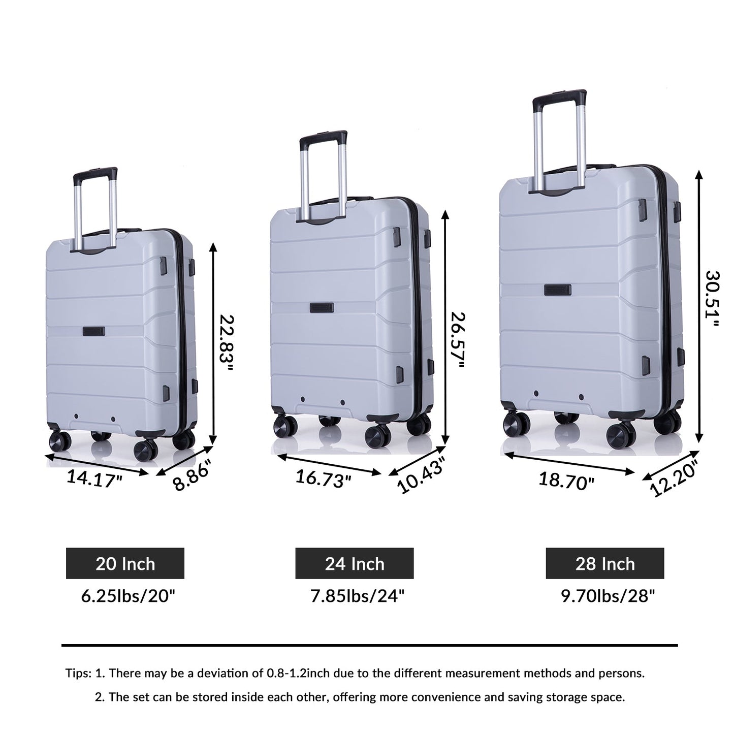 Hardshell Suitcase Spinner Wheels PP Luggage Sets Lightweight Suitcase with TSA Lock,3-Piece Set (20/24/28) ,Silver