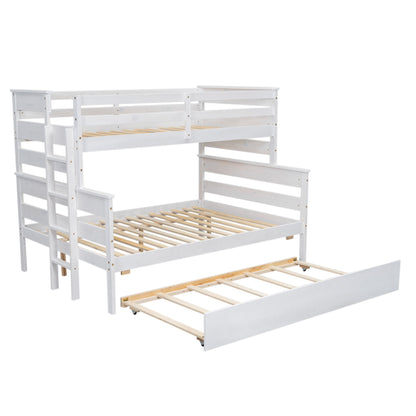 Wood Twin over Full Bunk Bed with Twin Size Trundle  White