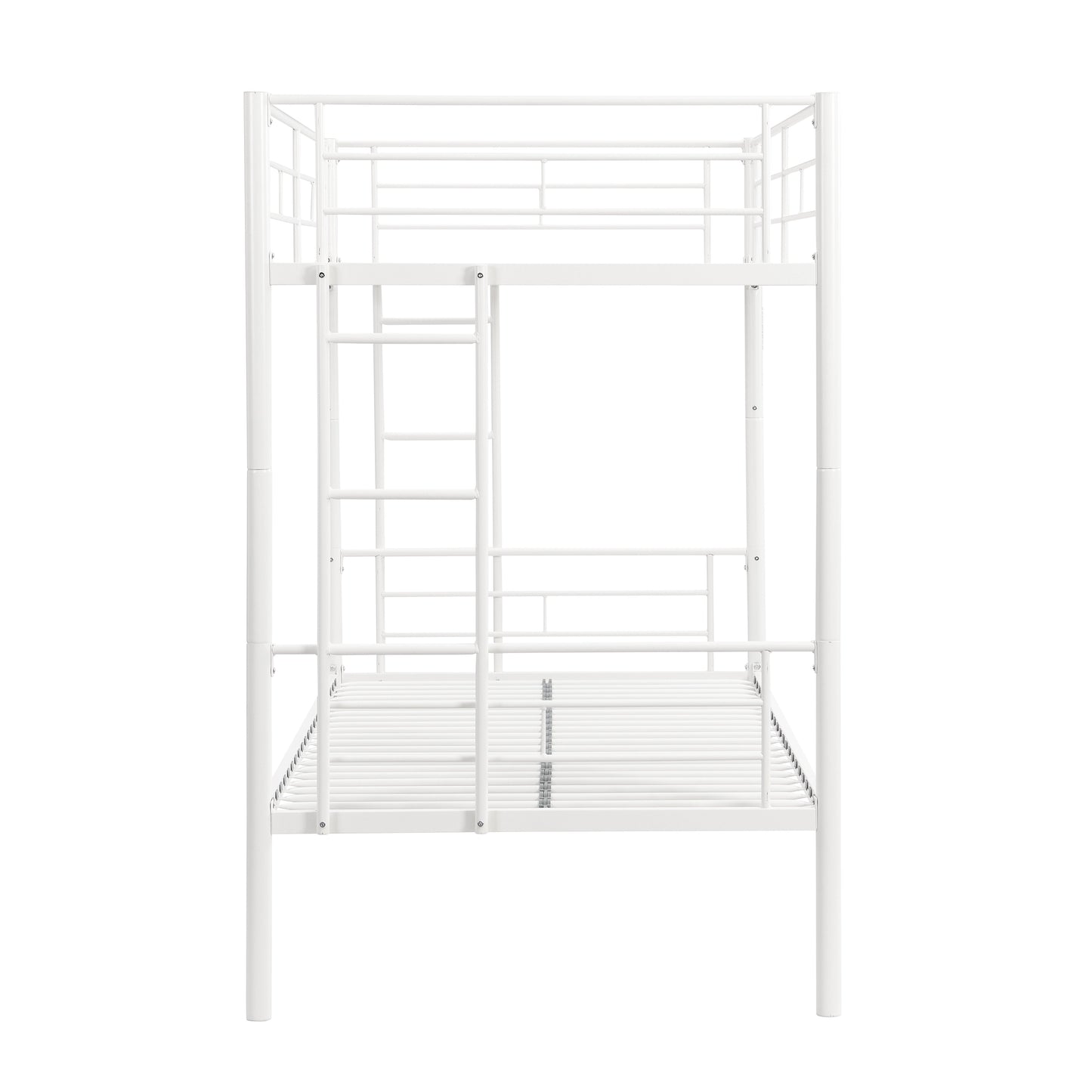 Twin metal bunk beds, metal structure bed frame with safety guardrails and 2 ladders, convertible bunk beds, white