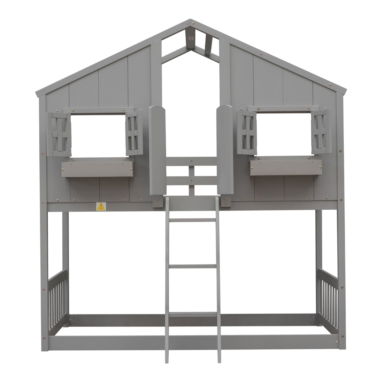 Twin over Twin House Bunk Bed with Roof , Window, Window Box, Door , with Safety Guardrails and Ladder, Grey