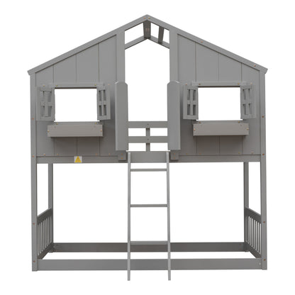 Twin over Twin House Bunk Bed with Roof , Window, Window Box, Door , with Safety Guardrails and Ladder, Grey
