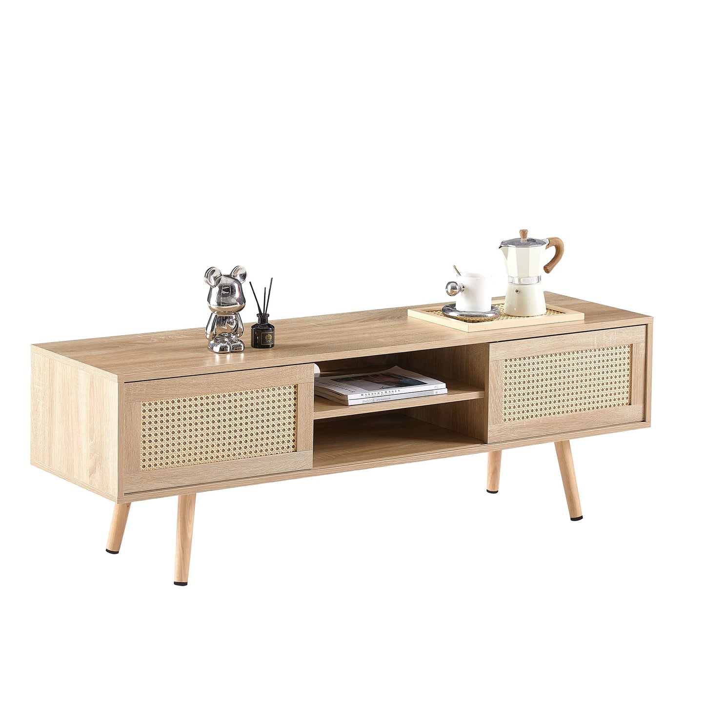 55.12" Rattan TV cabinet double sliding doors for storage adjustable shelf solid wood legs TV console for living room natural