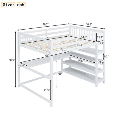 Full Size Loft Bed with Storage Shelves and Under-bed Desk  White