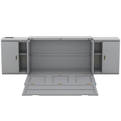 Queen Size Murphy Bed with Shelves, Cabinets and USB Ports,Gray