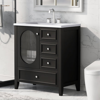 30" Bathroom Vanity with Sink, Bathroom Vanity Cabinet with Three Drawers and Door, Solid Wood and MDF, Black