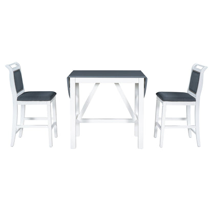 TOPMAX 3-Piece Wood Counter Height Drop Leaf Dining Table Set with 2 Upholstered Dining Chairs for Small Place White+Gray
