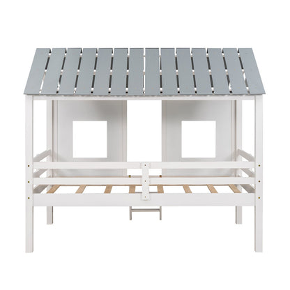 Twin Size Low Loft House Bed with Roof and Two Front Windows White