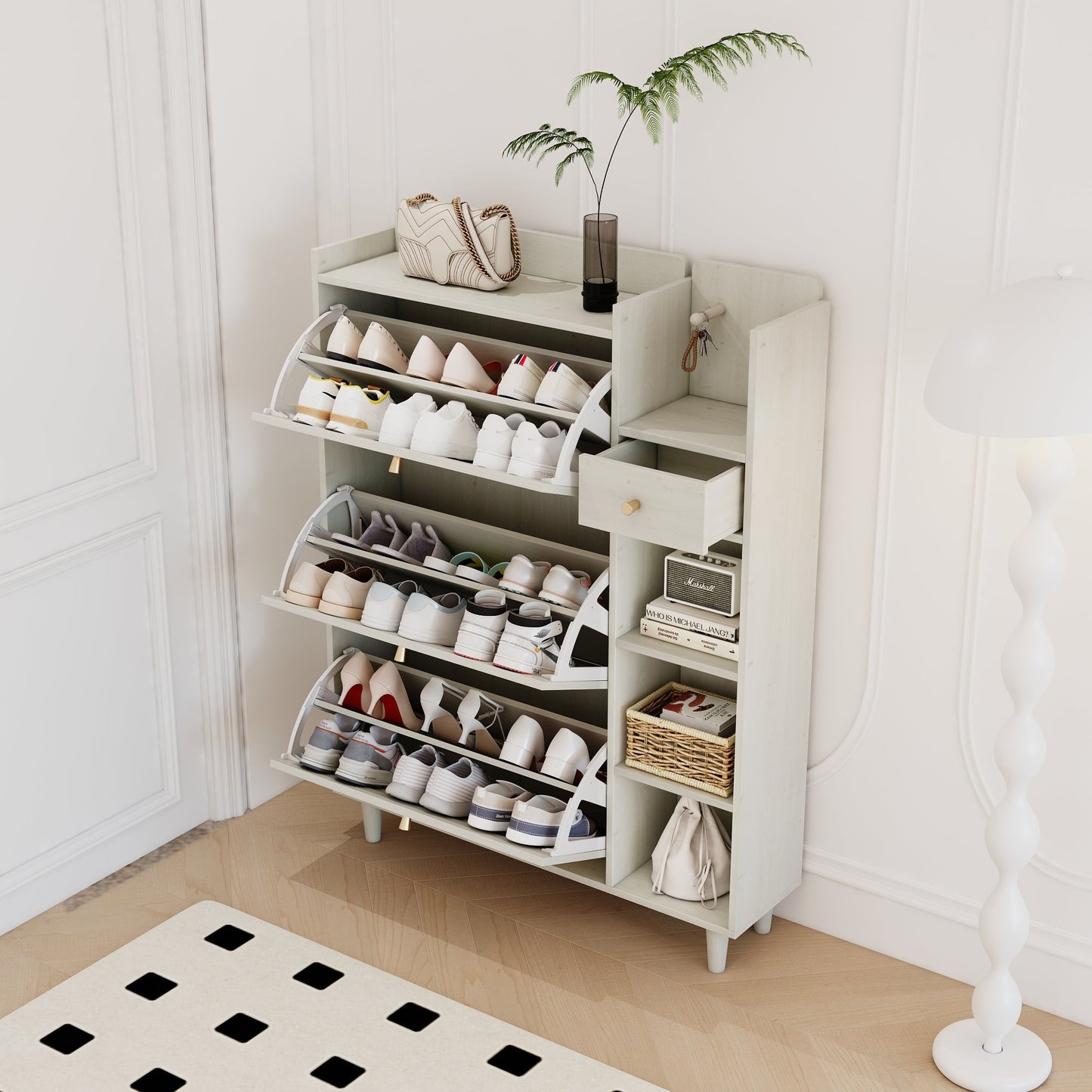Natural Bohemian style shoe cabinet with 3 rattan flip drawers, 3 square shelves, and 1 storage drawer, white