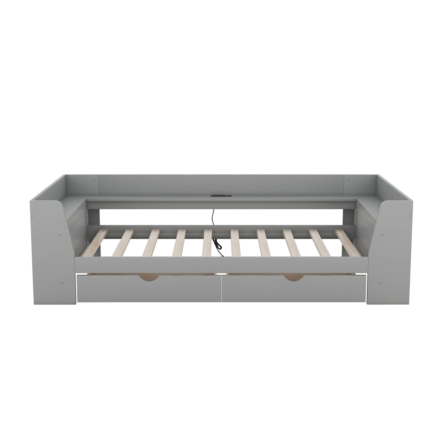Twin Size Daybed with Shelves, Drawers and Built-In Charging Station, Gray