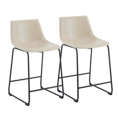 (2 sets) Retro style 24 inch armless industrial faux leather counter stool with metal legs and footrests, cream and black