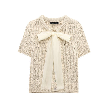 Fashionable transparent stiff yarn bow decoration knitted jacket
