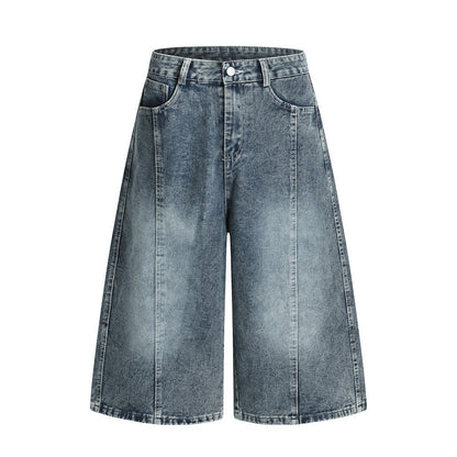 Punk Washed Distressed Denim Shorts Men's Summer Plaid Belted Contrast Pocket Loose Wide-Leg Three-Quarter Pants