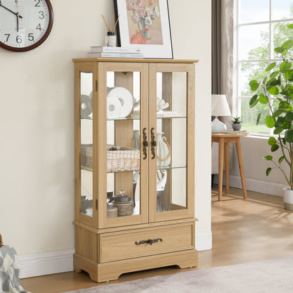 Light colored glass cabinet with adjustable glass frame, including cabinet light bulbs OAK with 2 doors and 1 drawer