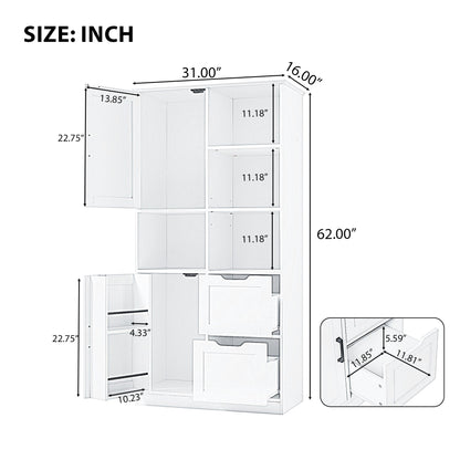 Bathroom storage cabinet with doors and drawers, multiple storage spaces, independent, open adjustable shelves, white