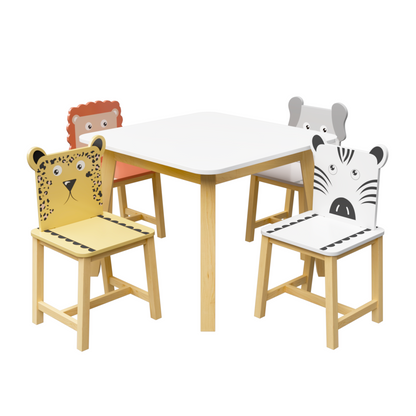 5 Piece Kiddy Table and Chair Set  Kids Wood Table with 4 Chairs Set Cartoon Animals (bigger table) (3-8 years old)
