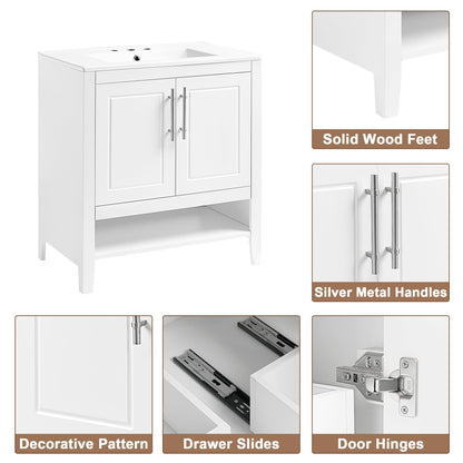 30" Bathroom Vanity with Sink  Multi-functional Bathroom Cabinet with Doors and Drawers Solid Frame and MDF Board, White