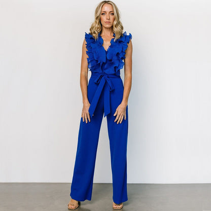 Sexy V-neck Backless Ruffle Tie-up Jumpsuit Casual Long Comfortable Fitted Women's Clothing