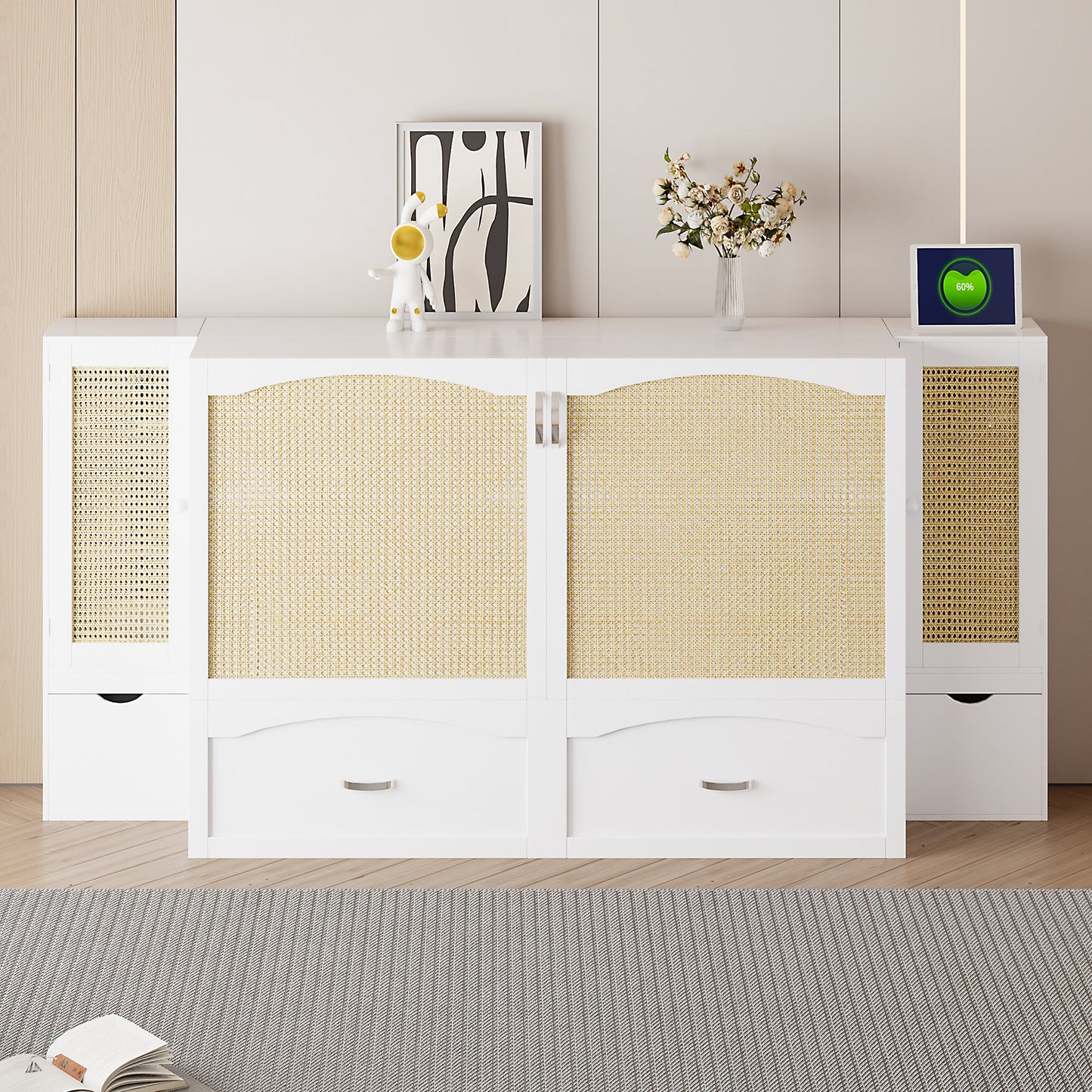 Large Murphy bed wall mounted bed with drawers, 2 storage cabinets, 1 set of sockets and USB ports, white