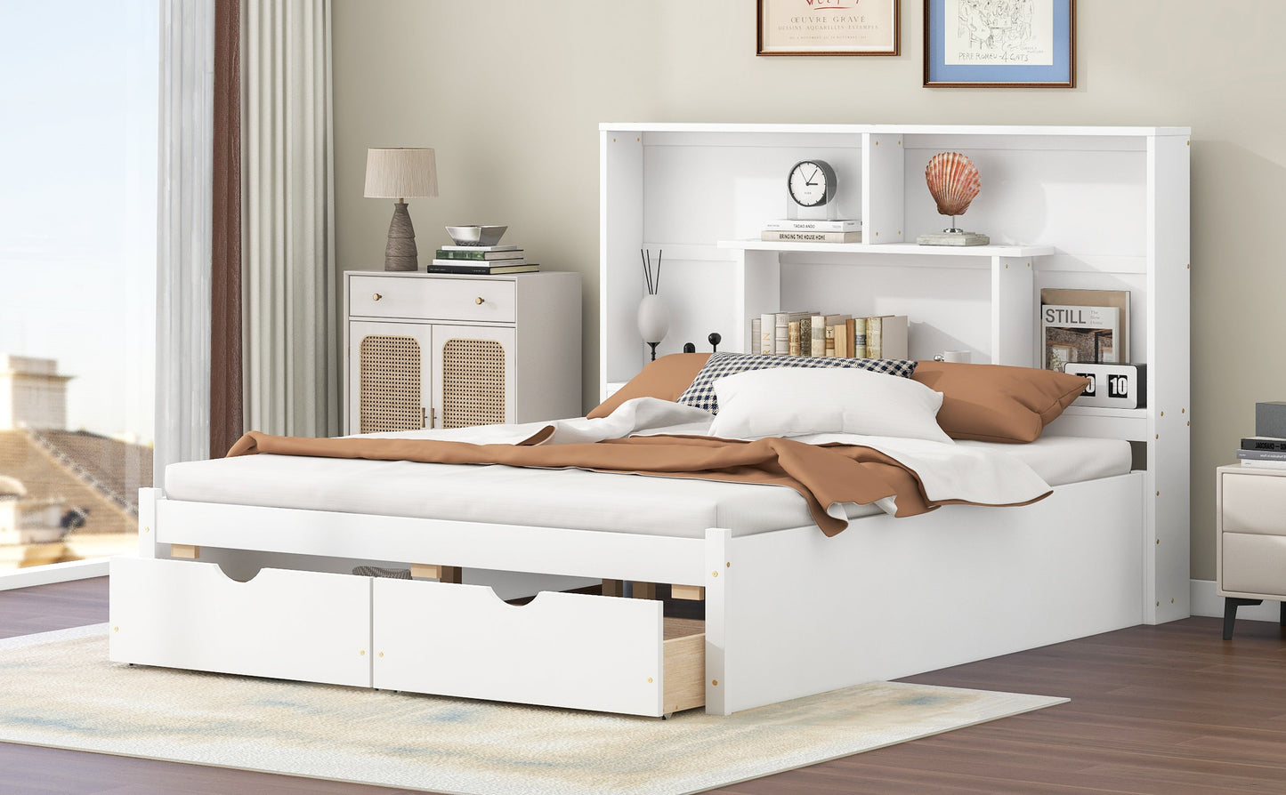 Queen Size Platform Bed with Storage Headboard and 2 Drawers, White