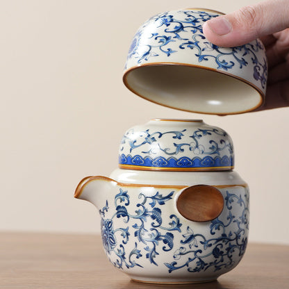 Blue and white beige Ru kiln travel tea set one pot three cups outdoor portable entwined lotus ceramic retro teapot