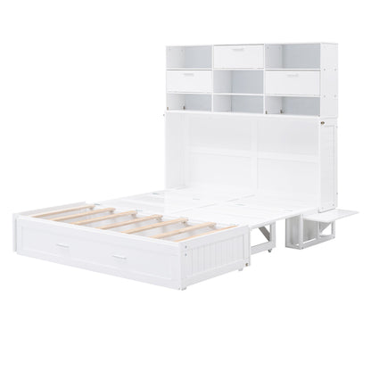 ueen Size Murphy Bed with Bookcase, Bedside Shelves and a Big Drawer, White