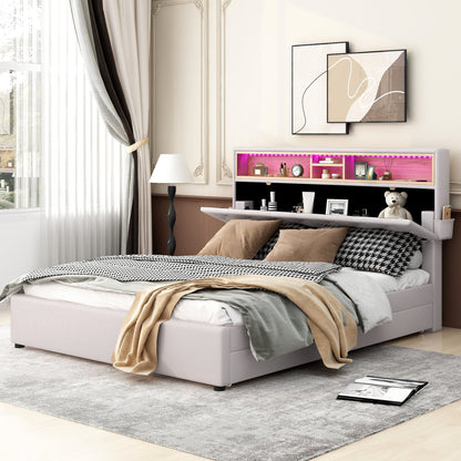Queen Size Upholstered Platform Bed with Storage Headboard  LED  USB Charging and 2 Drawers  Beige