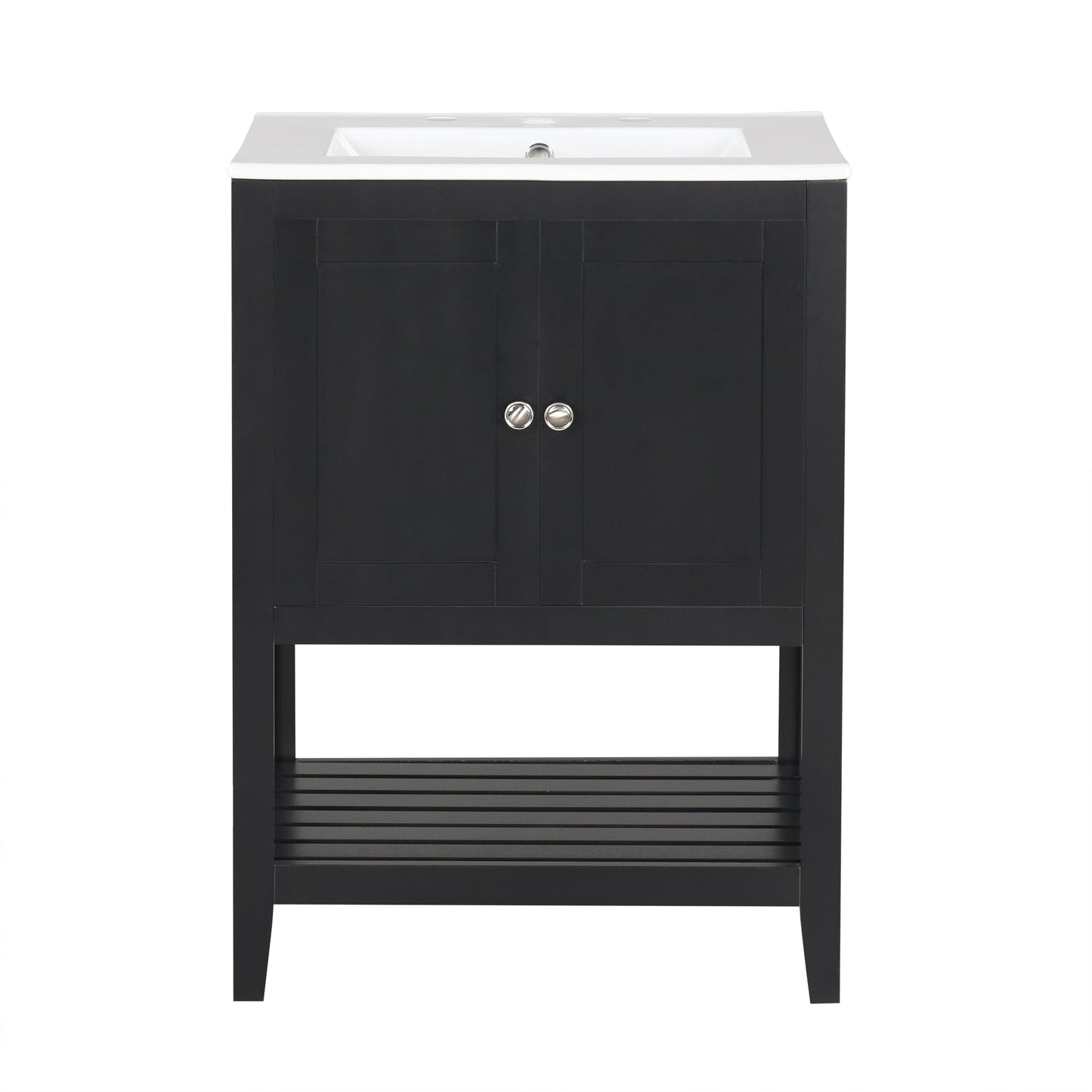 24" Black Modern Sleek Bathroom Vanity Elegant Ceramic Sink with Solid Wood Frame Open Style Shelf
