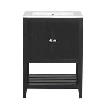 24" Black Modern Sleek Bathroom Vanity Elegant Ceramic Sink with Solid Wood Frame Open Style Shelf