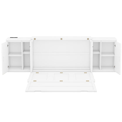 Queen Size Murphy Bed with Shelves, Cabinets and USB Ports,White