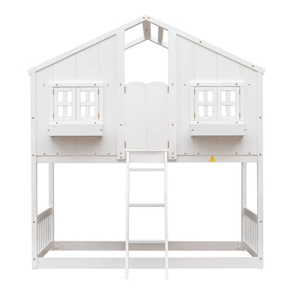 Twin over Twin House Bunk Bed with Roof , Window, Window Box, Door , with Safety Guardrails and Ladder,White