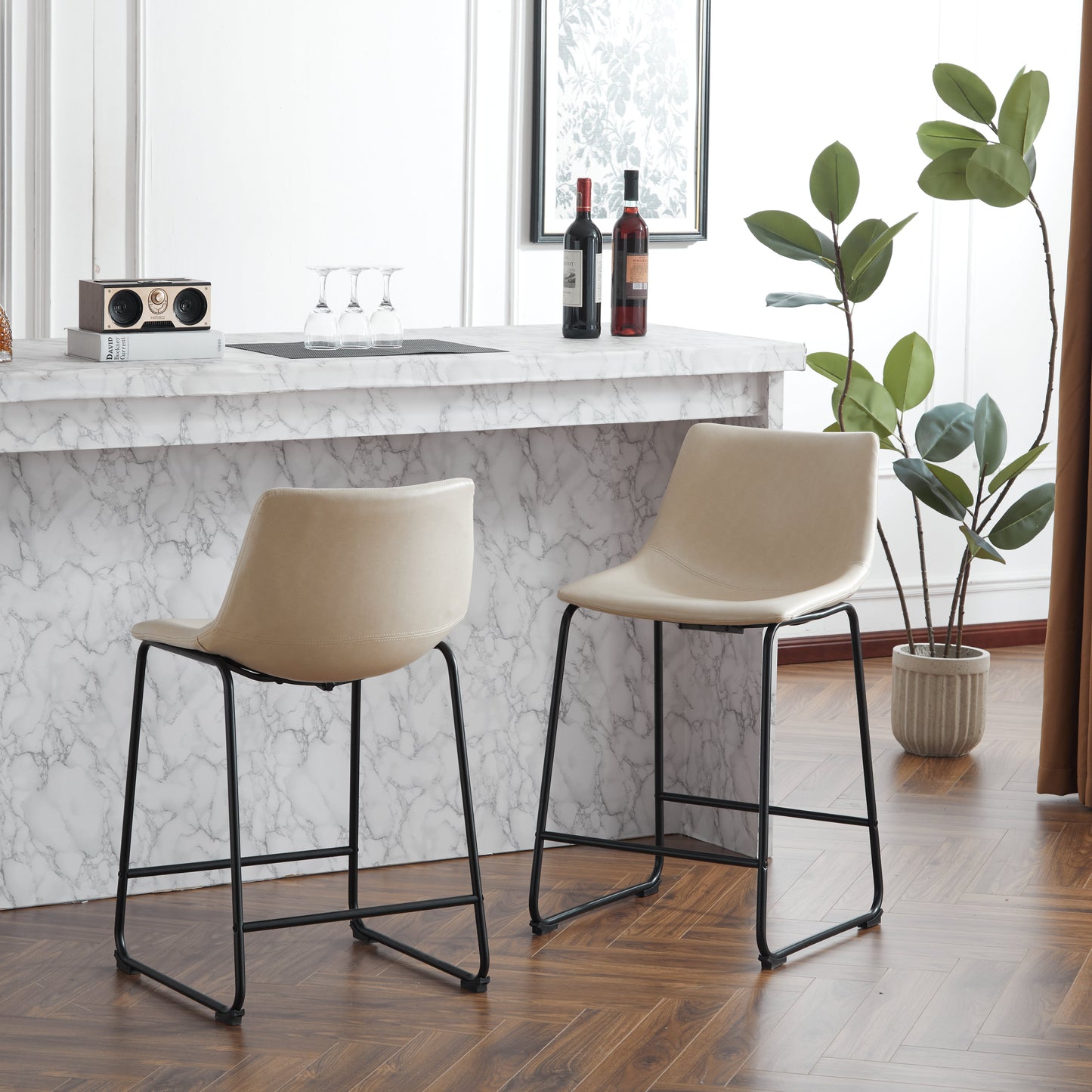 (2 sets) Retro style 24 inch armless industrial faux leather counter stool with metal legs and footrests, cream and black