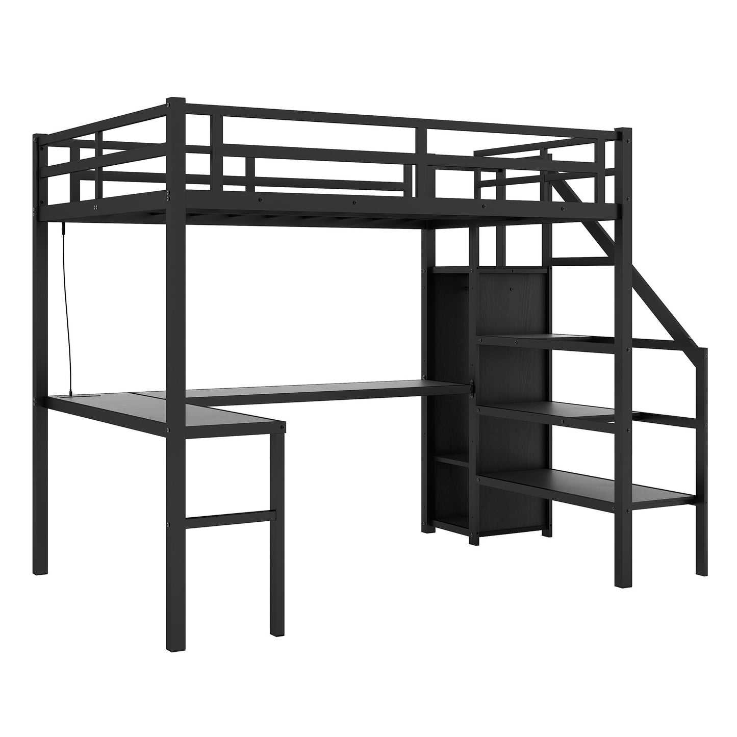 Full sized loft bed with L-shaped desk and USB, metal loft bed with wardrobe and adjustable shelf, black color