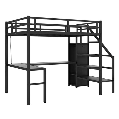 Full sized loft bed with L-shaped desk and USB, metal loft bed with wardrobe and adjustable shelf, black color