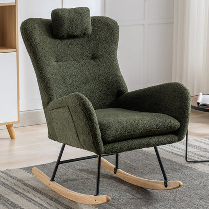 35.5-inch soft Teddy fabric rocking chair with pockets, comfortable wing straps, secure solid wood base (dark green)